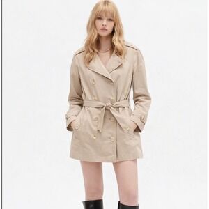 St Johns Bay Womens Khaki Double Breasted Trench Coat Belted Beige Size M